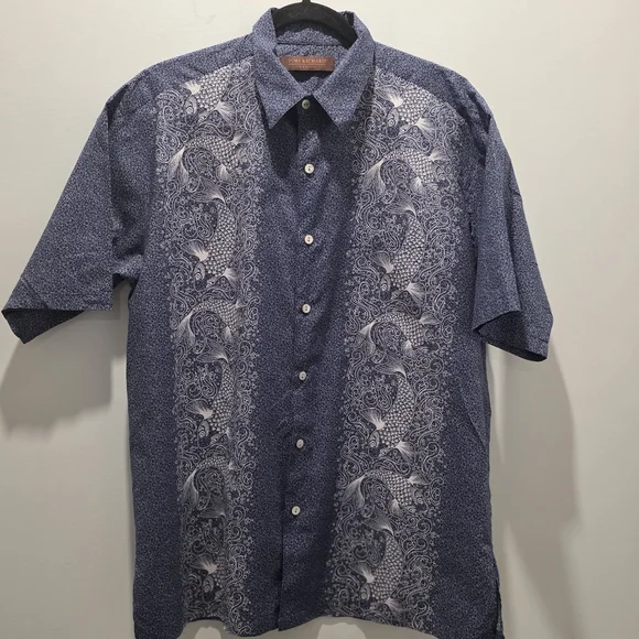 Tori Richard Shirt Medium Blue Koi Fish Tropical Hawaiian USA - Picture 1 of 10